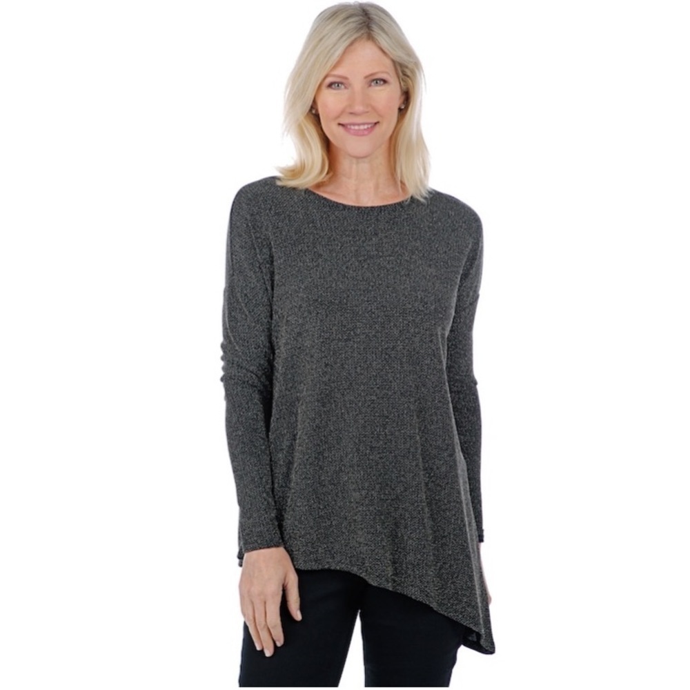 Diane GILMAN Angled Hem Bateau Neck Top Long Sleeve Tee Black Blouse
